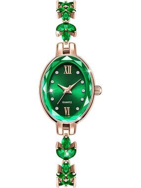 Women Rose Gold Green Analog Quartz Petal Casual Bracelet Simulated Luxury Watch